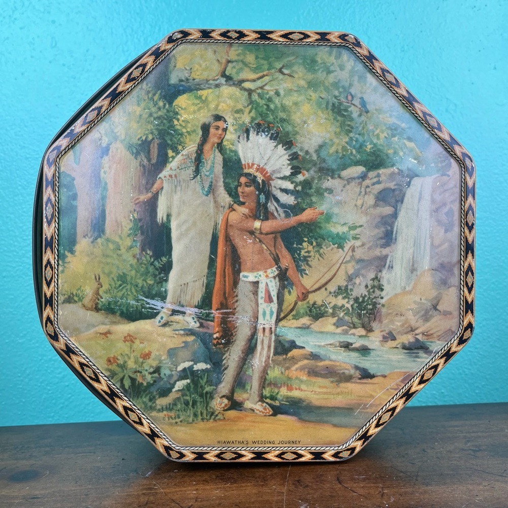 Art Deco Vtg Advertising Octagon Biscuit Tin W Handle Lithograph Native American